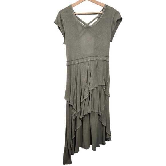 Free People Asymmetric Linen Cotton Midi Dress Size Medium Olive Green Dress - Picture 1 of 9